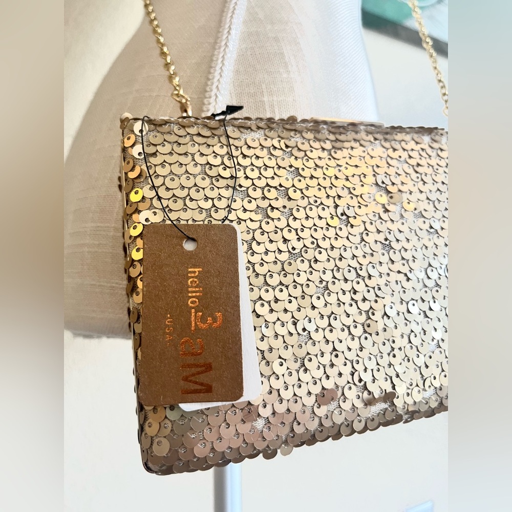 NWT 3AM FOREVER Gold Sequined Clutch Purse Cross-body Bag Metal Chain - Picture 8 of 9